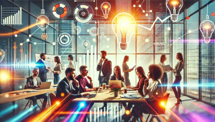 An illustration of several people sitting around a table in a startup company