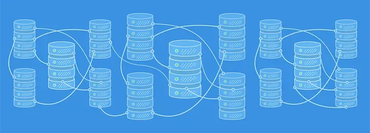 A series of stacks of cylinders representing various datastores and the ways they are interconnected
